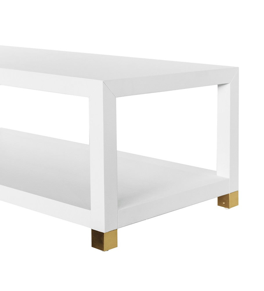 Worlds Away - Coffee Table With Antique Brass Foot Caps In Matte White Lacquer - PATRICIA WH view 4