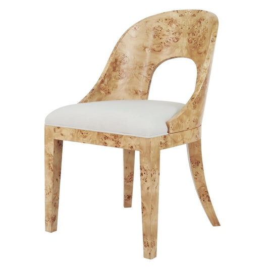 Worlds Away - Curved Back Wooden Dining Chair In Burl Wood With Performance White Linen Upholstery - RAFFERTY BW view 1