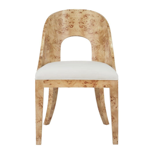 Worlds Away - Curved Back Wooden Dining Chair In Burl Wood With Performance White Linen Upholstery - RAFFERTY BW view 2