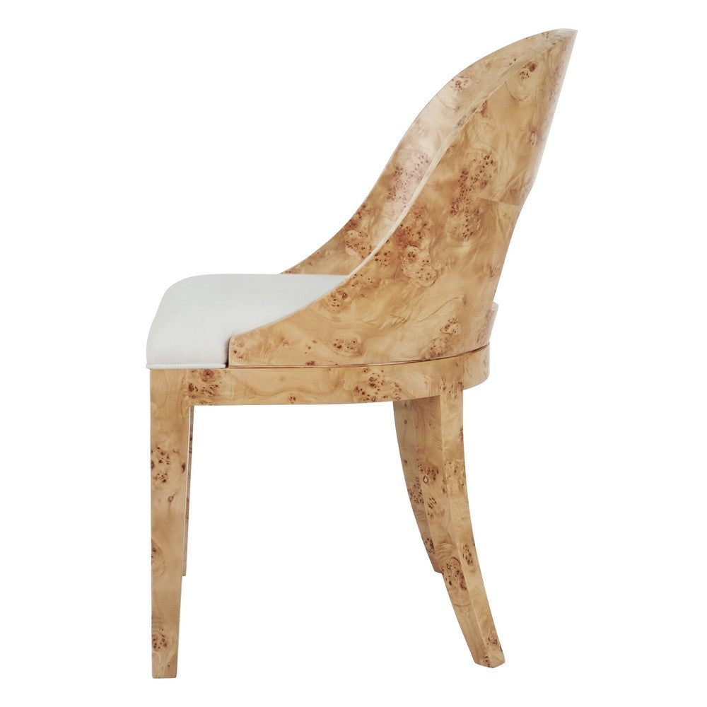 Worlds Away - Curved Back Wooden Dining Chair In Burl Wood With Performance White Linen Upholstery - RAFFERTY BW view 3