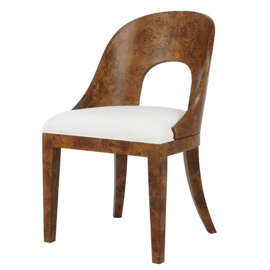 Worlds Away - Curved Back Wooden Dining Chair In Dark Burl Wood With Performance White Linen Upholstery - RAFFERTY DBW view 1