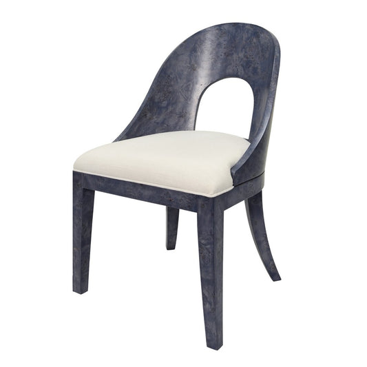 Worlds Away - Curved Back Wooden Dining Chair In Navy Burl Wood With Permormance White Linen Upholstery - RAFFERTY NVYBW view 1