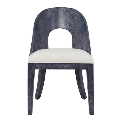 Worlds Away - Curved Back Wooden Dining Chair In Navy Burl Wood With Permormance White Linen Upholstery - RAFFERTY NVYBW view 2