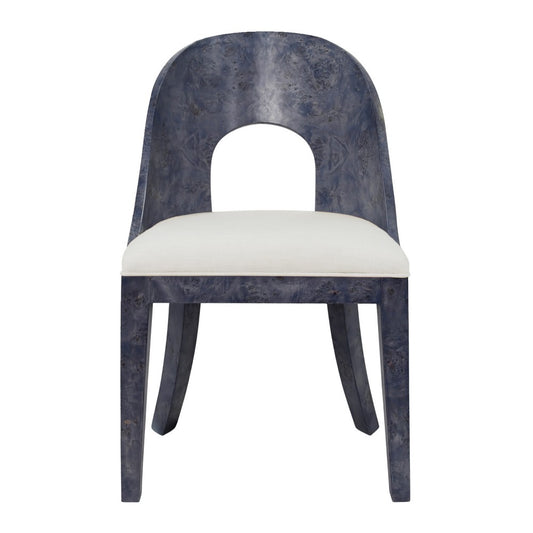 Worlds Away - Curved Back Wooden Dining Chair In Navy Burl Wood With Permormance White Linen Upholstery - RAFFERTY NVYBW view 2