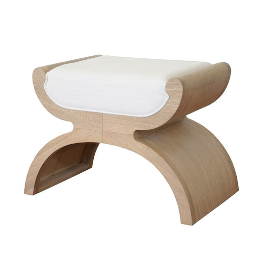 Worlds Away - Curved Base Stool With White Linen Cushion In Cerused Oak - JANNA CO view 1