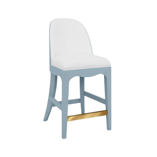 Worlds Away - Curved Counter Stool With Satin Brass Ring Hardware On Back In Performance White Linen Upholstery And Textured Light Blue Linen Frame - SADIE CS LB view 1