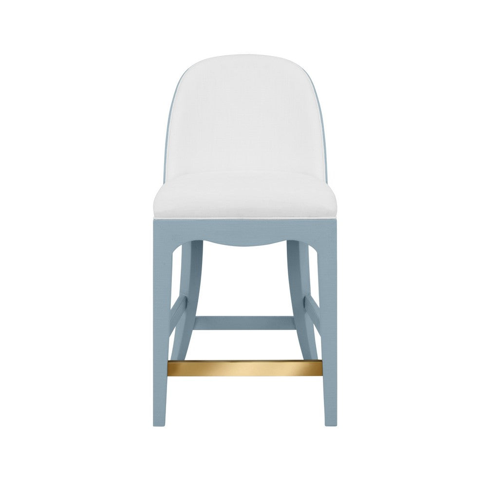 Worlds Away - Curved Counter Stool With Satin Brass Ring Hardware On Back In Performance White Linen Upholstery And Textured Light Blue Linen Frame - SADIE CS LB view 2