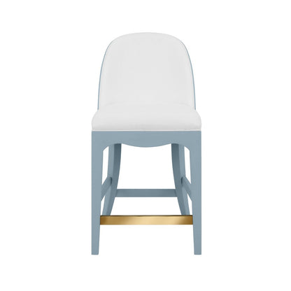 Worlds Away - Curved Counter Stool With Satin Brass Ring Hardware On Back In Performance White Linen Upholstery And Textured Light Blue Linen Frame - SADIE CS LB view 2