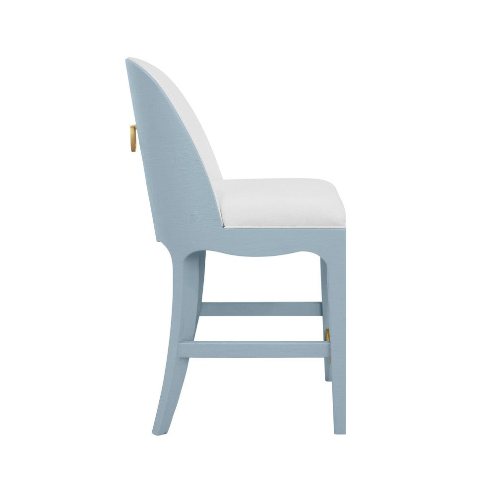 Worlds Away - Curved Counter Stool With Satin Brass Ring Hardware On Back In Performance White Linen Upholstery And Textured Light Blue Linen Frame - SADIE CS LB view 3
