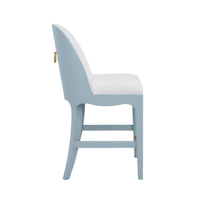 Worlds Away - Curved Counter Stool With Satin Brass Ring Hardware On Back In Performance White Linen Upholstery And Textured Light Blue Linen Frame - SADIE CS LB view 3