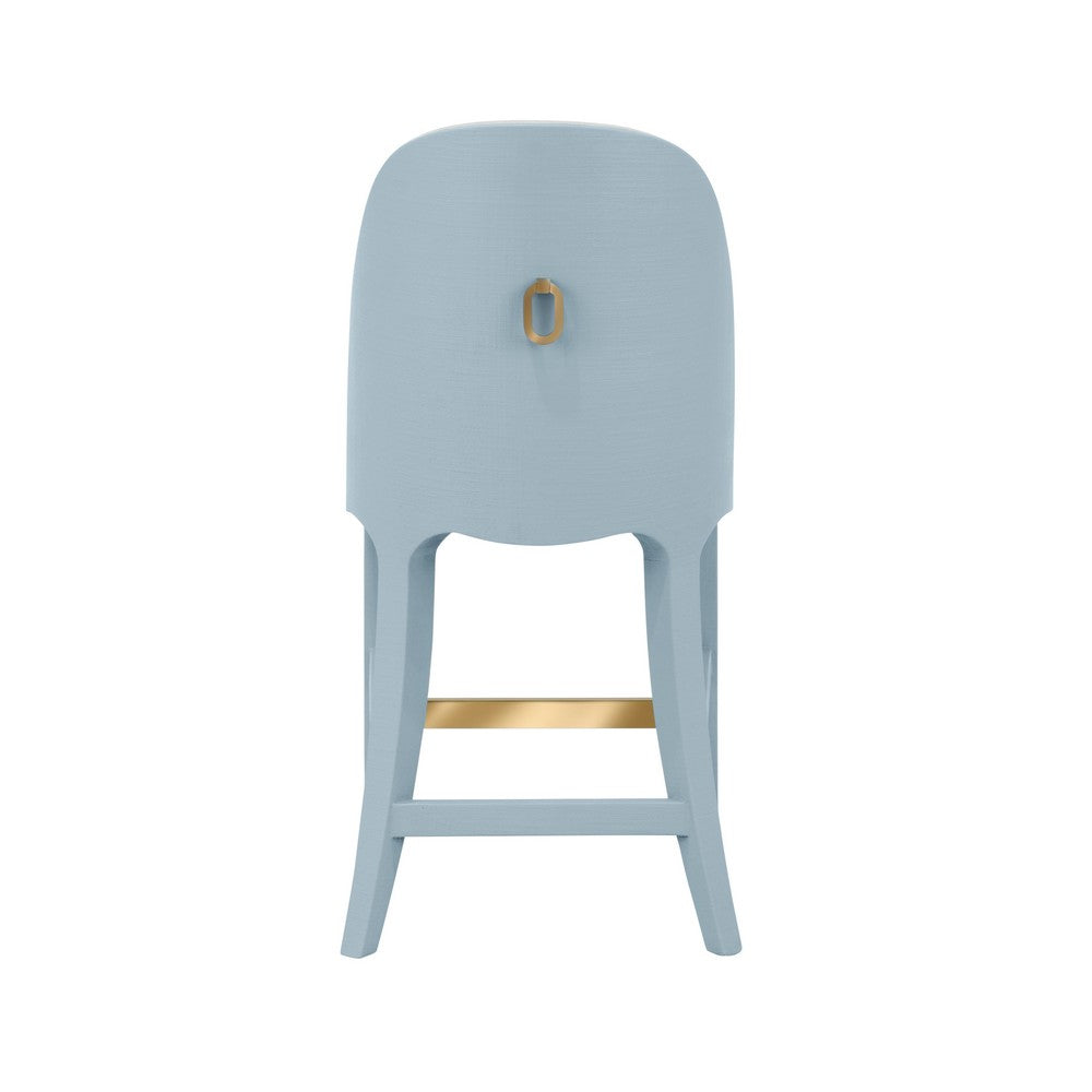 Worlds Away - Curved Counter Stool With Satin Brass Ring Hardware On Back In Performance White Linen Upholstery And Textured Light Blue Linen Frame - SADIE CS LB view 4
