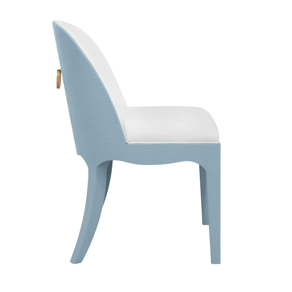 Worlds Away - Curved Dining Chair With Satin Brass Ring Hardware On Back In Performance White Linen Upholstery And Textured Light Blue Linen Frame - SADIE LB view 3