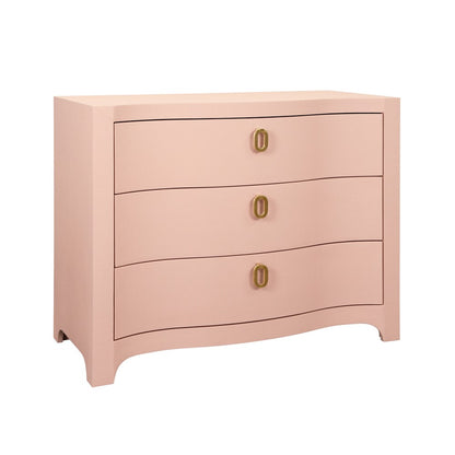Worlds Away - Curved Front Chest With Three Drawers In Textured Pink Linen With Satin Brass Ring Hardware - CORA PI view 1