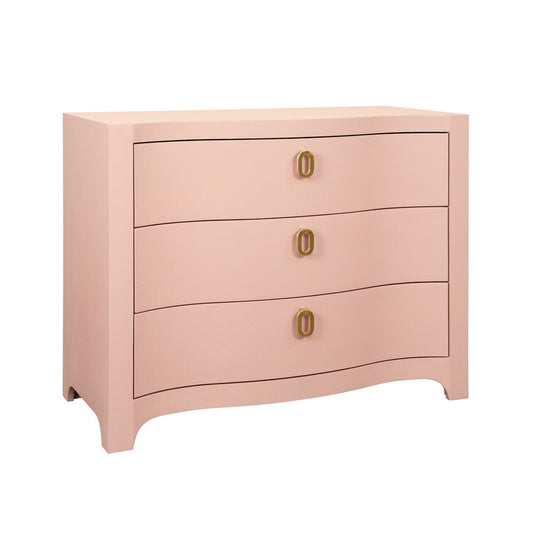 Worlds Away - Curved Front Chest With Three Drawers In Textured Pink Linen With Satin Brass Ring Hardware - CORA PI view 1
