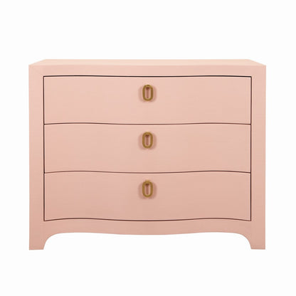 Worlds Away - Curved Front Chest With Three Drawers In Textured Pink Linen With Satin Brass Ring Hardware - CORA PI view 2