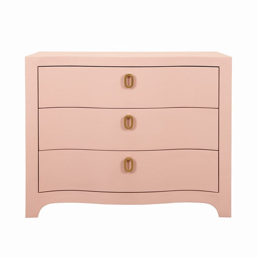 Worlds Away - Curved Front Chest With Three Drawers In Textured Pink Linen With Satin Brass Ring Hardware - CORA PI view 2
