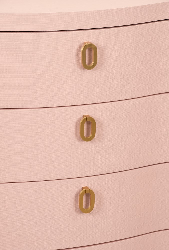 Worlds Away - Curved Front Chest With Three Drawers In Textured Pink Linen With Satin Brass Ring Hardware - CORA PI view 4