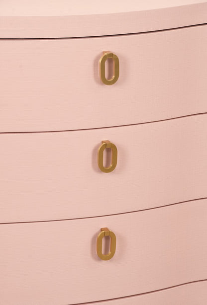 Worlds Away - Curved Front Chest With Three Drawers In Textured Pink Linen With Satin Brass Ring Hardware - CORA PI view 4
