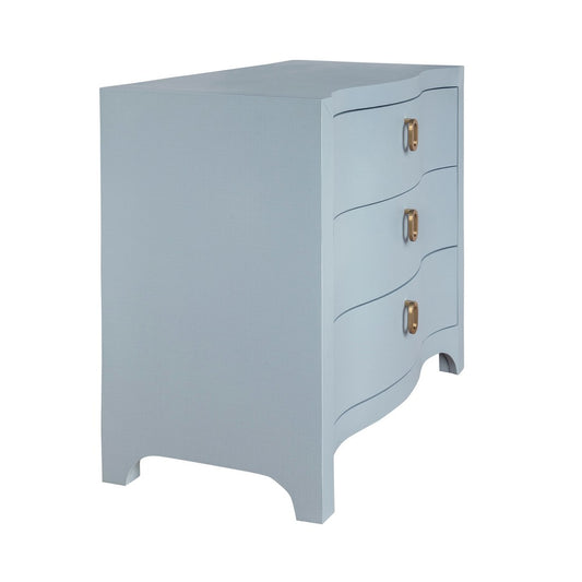 Worlds Away - Curved Front Chest With Three Drawers In White Light Blue Textured Linen With Satin Brass Ring Hardware - CORA LB view 1