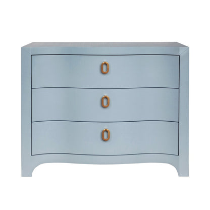 Worlds Away - Curved Front Chest With Three Drawers In White Light Blue Textured Linen With Satin Brass Ring Hardware - CORA LB view 2
