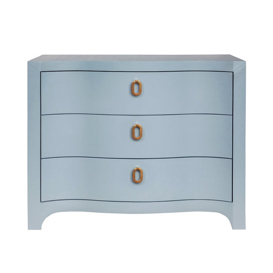 Worlds Away - Curved Front Chest With Three Drawers In White Light Blue Textured Linen With Satin Brass Ring Hardware - CORA LB view 2