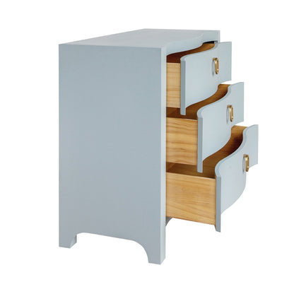 Worlds Away - Curved Front Chest With Three Drawers In White Light Blue Textured Linen With Satin Brass Ring Hardware - CORA LB view 3