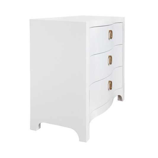 Worlds Away - Curved Front Chest With Three Drawers In White Textured Linen With Satin Brass Ring Hardware - CORA WH view 1