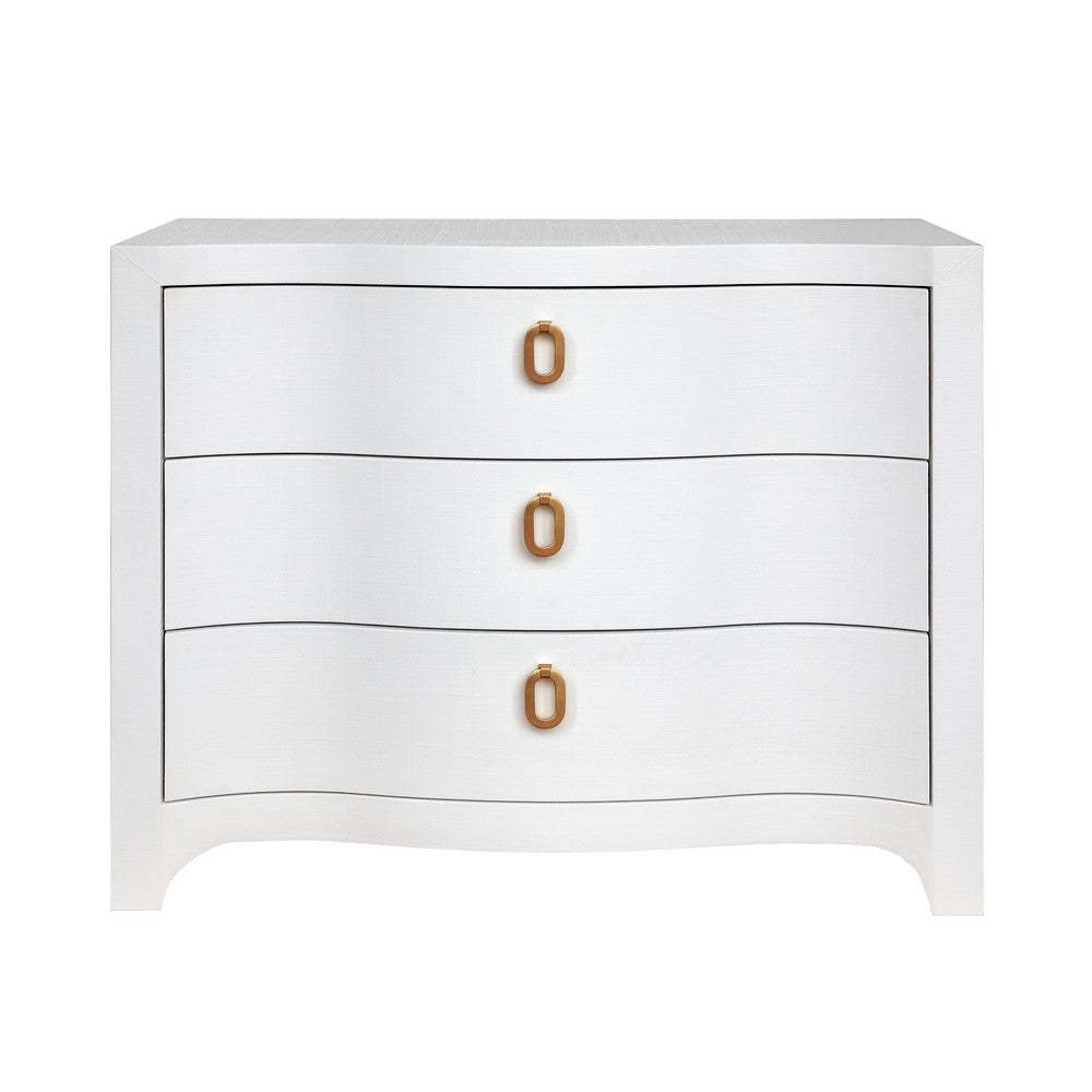 Worlds Away - Curved Front Chest With Three Drawers In White Textured Linen With Satin Brass Ring Hardware - CORA WH view 2