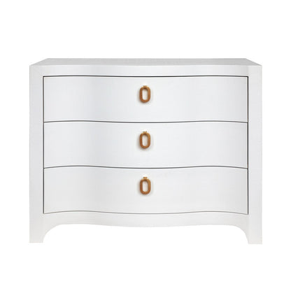 Worlds Away - Curved Front Chest With Three Drawers In White Textured Linen With Satin Brass Ring Hardware - CORA WH view 2