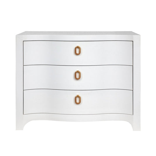 Worlds Away - Curved Front Chest With Three Drawers In White Textured Linen With Satin Brass Ring Hardware - CORA WH view 2