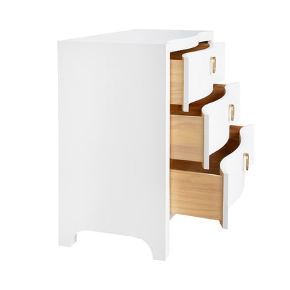 Worlds Away - Curved Front Chest With Three Drawers In White Textured Linen With Satin Brass Ring Hardware - CORA WH view 3