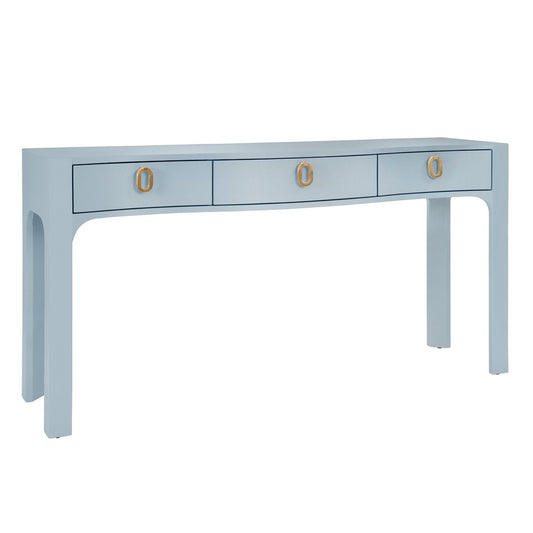Worlds Away - Curved Front Console With Three Drawers In Textured Light Blue Linen With Satin Brass Ring Hardware. - SABRINA LB view 1