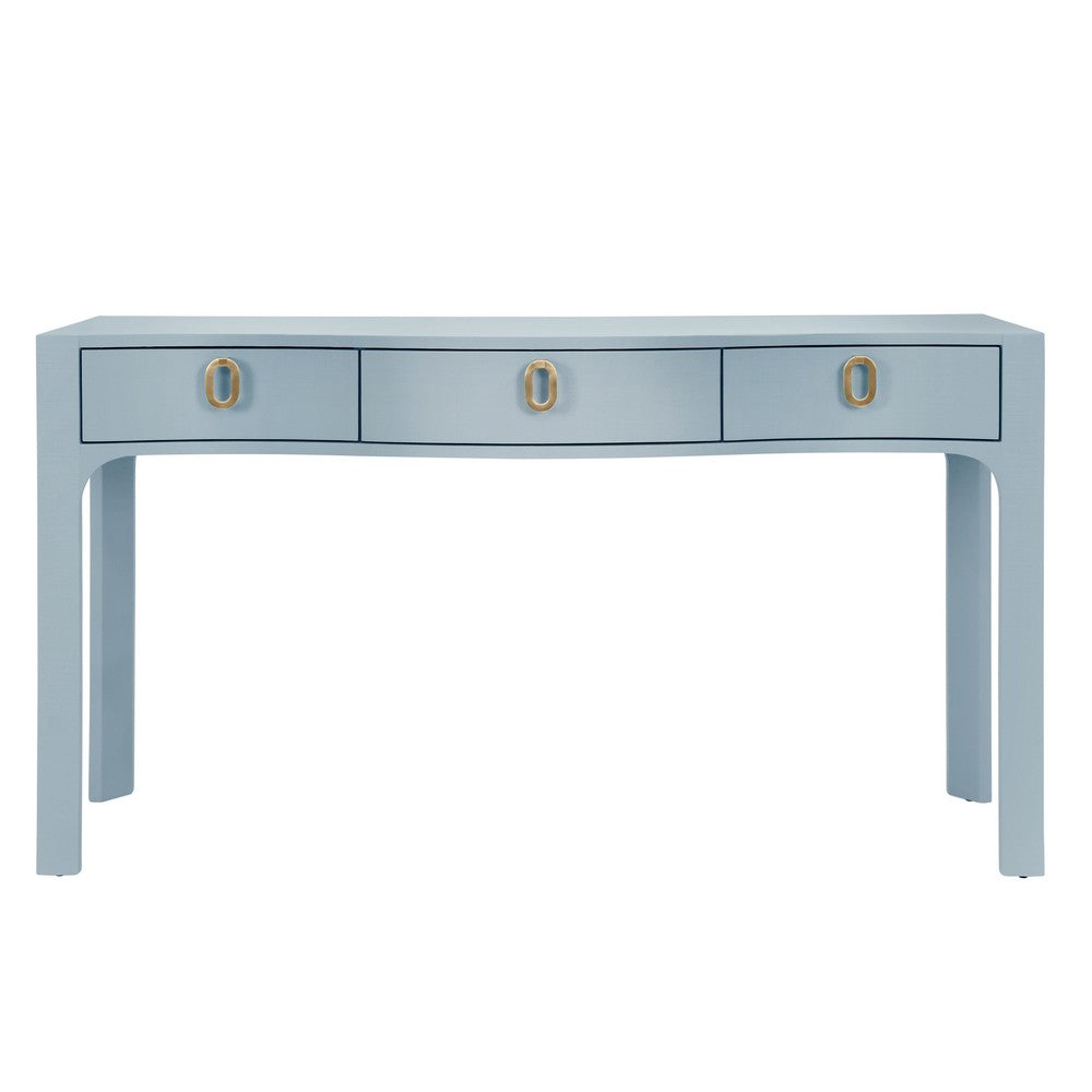 Worlds Away - Curved Front Console With Three Drawers In Textured Light Blue Linen With Satin Brass Ring Hardware. - SABRINA LB view 2