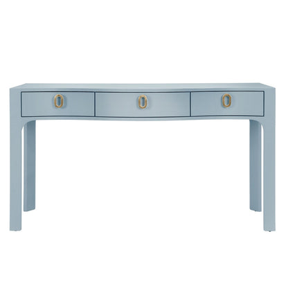 Worlds Away - Curved Front Console With Three Drawers In Textured Light Blue Linen With Satin Brass Ring Hardware. - SABRINA LB view 2