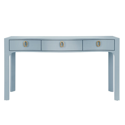 Worlds Away - Curved Front Console With Three Drawers In Textured Light Blue Linen With Satin Brass Ring Hardware. - SABRINA LB view 2