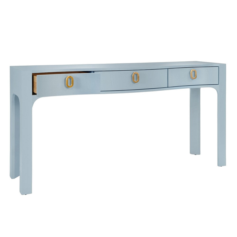 Worlds Away - Curved Front Console With Three Drawers In Textured Light Blue Linen With Satin Brass Ring Hardware. - SABRINA LB view 3