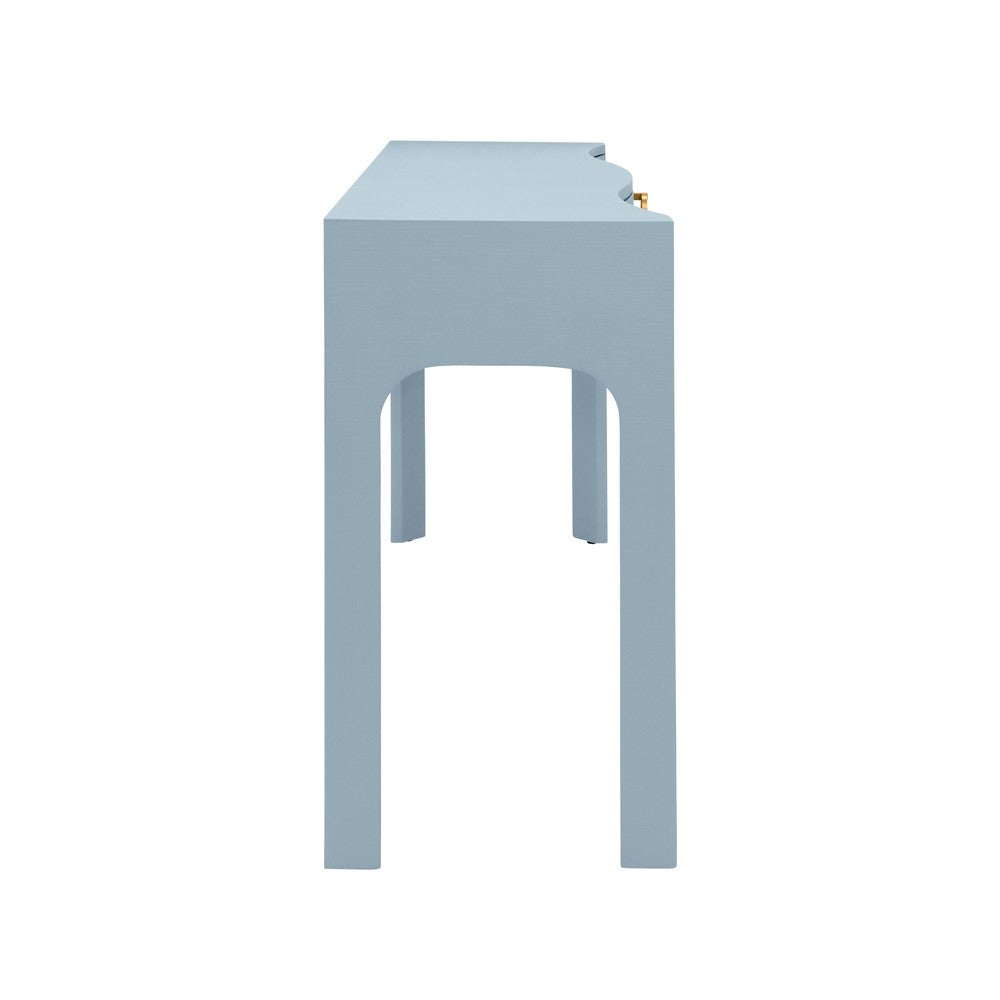 Worlds Away - Curved Front Console With Three Drawers In Textured Light Blue Linen With Satin Brass Ring Hardware. - SABRINA LB view 4