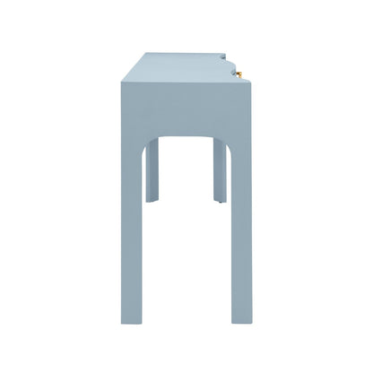 Worlds Away - Curved Front Console With Three Drawers In Textured Light Blue Linen With Satin Brass Ring Hardware. - SABRINA LB view 4