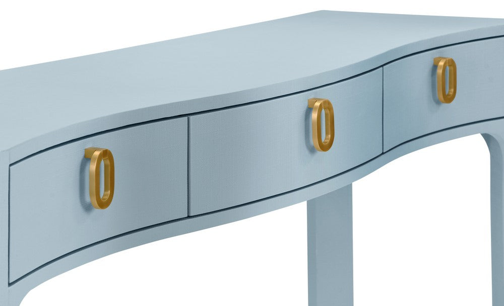 Worlds Away - Curved Front Console With Three Drawers In Textured Light Blue Linen With Satin Brass Ring Hardware. - SABRINA LB view 5