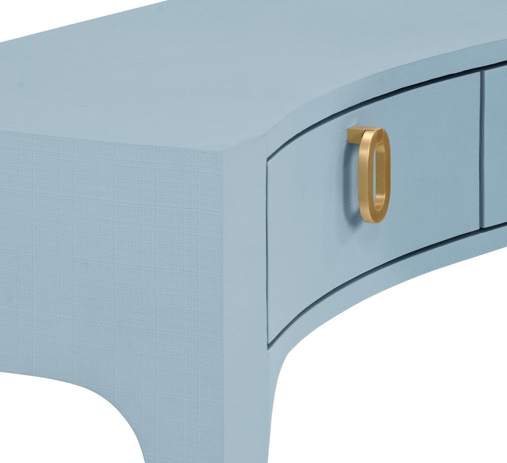 Worlds Away - Curved Front Console With Three Drawers In Textured Light Blue Linen With Satin Brass Ring Hardware. - SABRINA LB view 6