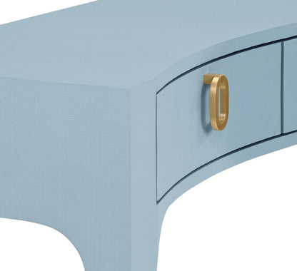 Worlds Away - Curved Front Console With Three Drawers In Textured Light Blue Linen With Satin Brass Ring Hardware. - SABRINA LB view 6