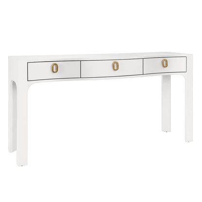 Worlds Away - Curved Front Console With Three Drawers In Textured White Linen With Satin Brass Ring Hardware - SABRINA WH view 1