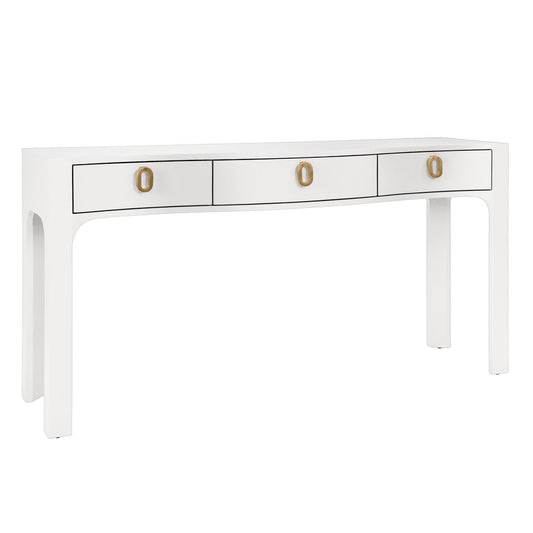 Worlds Away - Curved Front Console With Three Drawers In Textured White Linen With Satin Brass Ring Hardware - SABRINA WH view 1