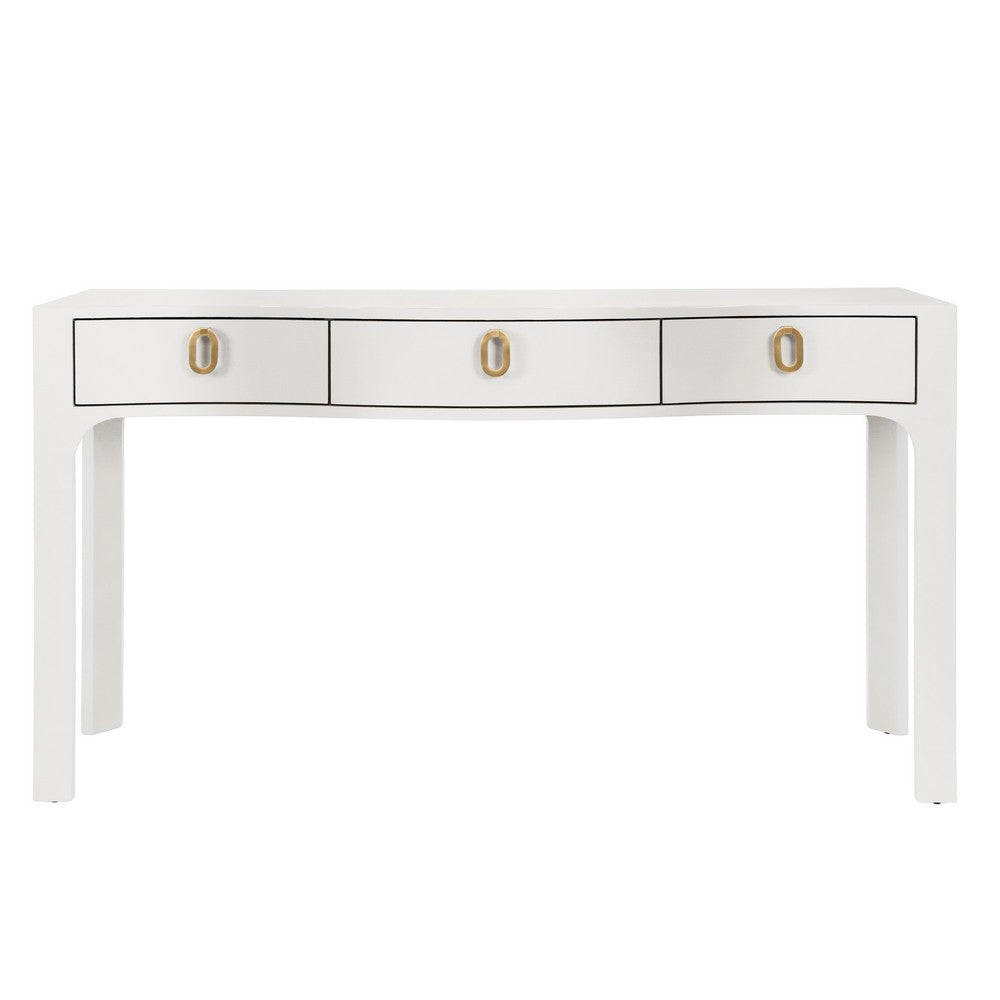 Worlds Away - Curved Front Console With Three Drawers In Textured White Linen With Satin Brass Ring Hardware - SABRINA WH view 2