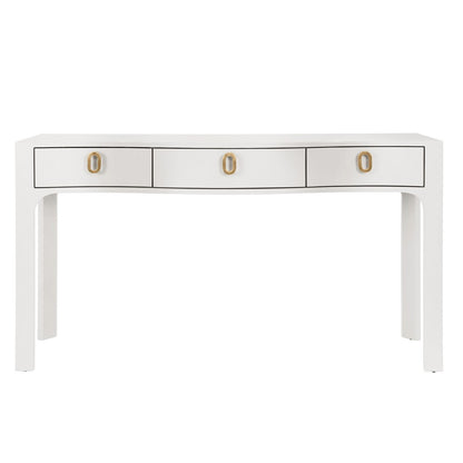 Worlds Away - Curved Front Console With Three Drawers In Textured White Linen With Satin Brass Ring Hardware - SABRINA WH view 2