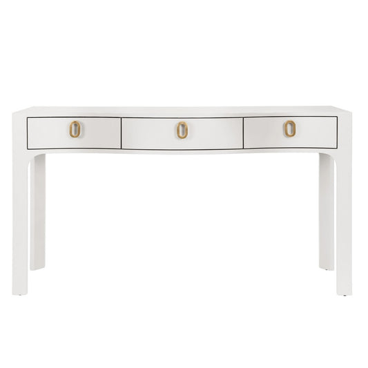 Worlds Away - Curved Front Console With Three Drawers In Textured White Linen With Satin Brass Ring Hardware - SABRINA WH view 2