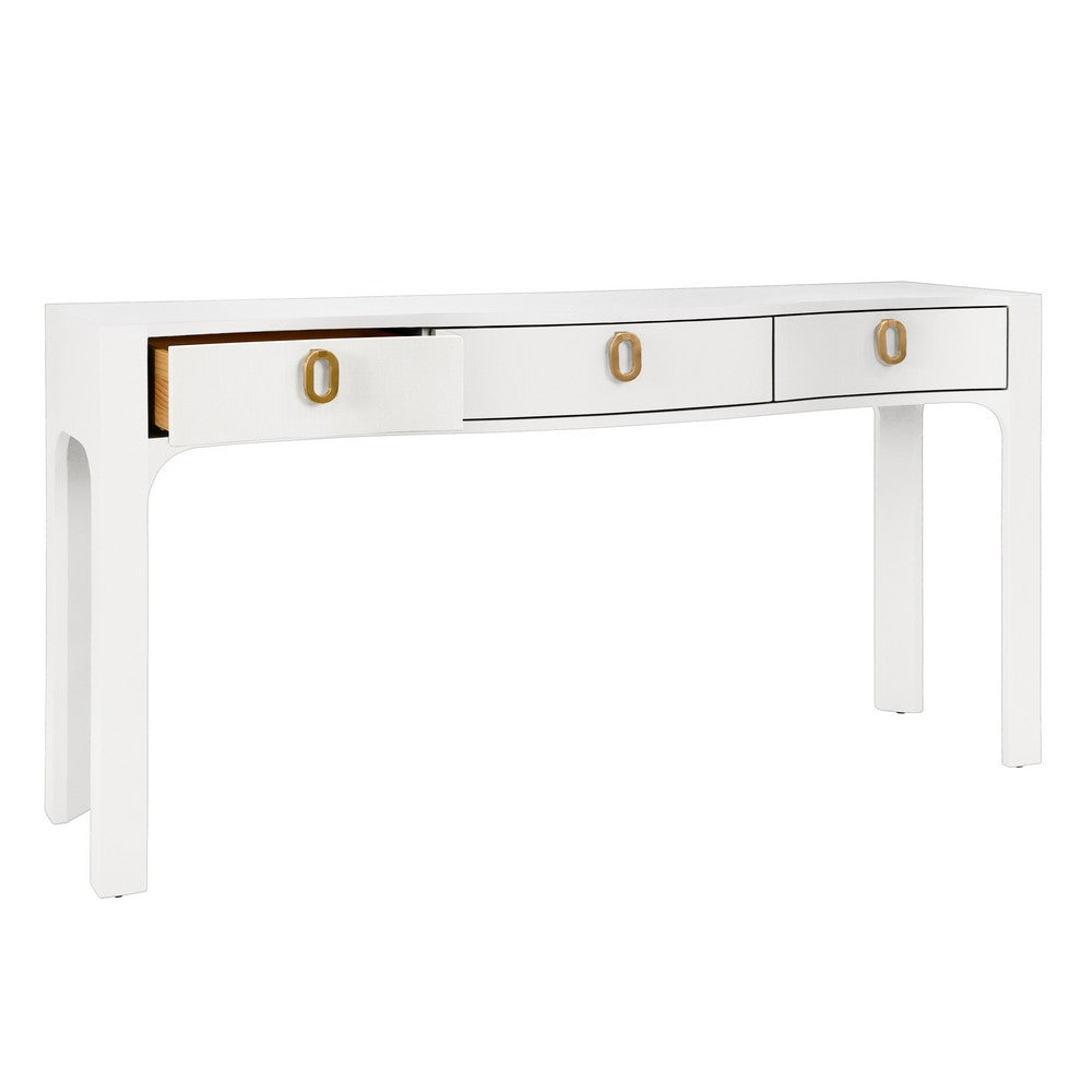 Worlds Away - Curved Front Console With Three Drawers In Textured White Linen With Satin Brass Ring Hardware - SABRINA WH view 3