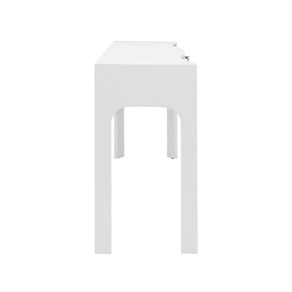 Worlds Away - Curved Front Console With Three Drawers In Textured White Linen With Satin Brass Ring Hardware - SABRINA WH view 4