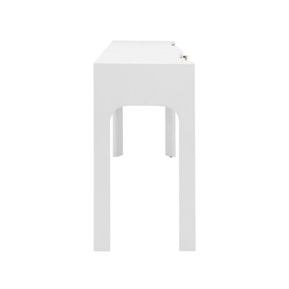 Worlds Away - Curved Front Console With Three Drawers In Textured White Linen With Satin Brass Ring Hardware - SABRINA WH view 4