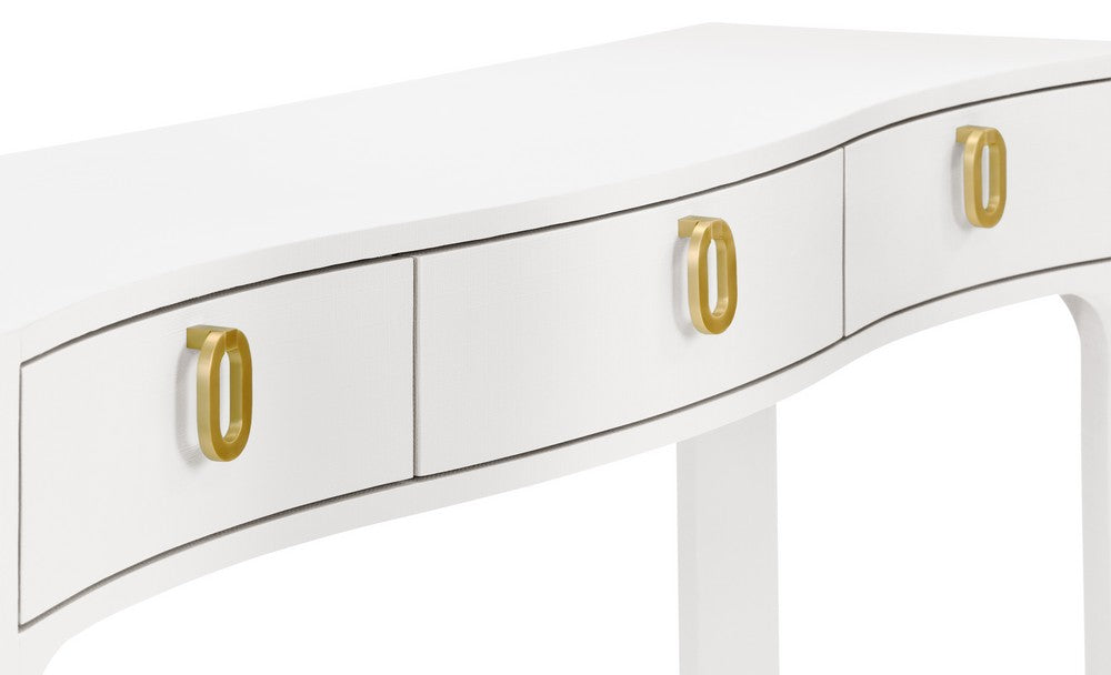 Worlds Away - Curved Front Console With Three Drawers In Textured White Linen With Satin Brass Ring Hardware - SABRINA WH view 5